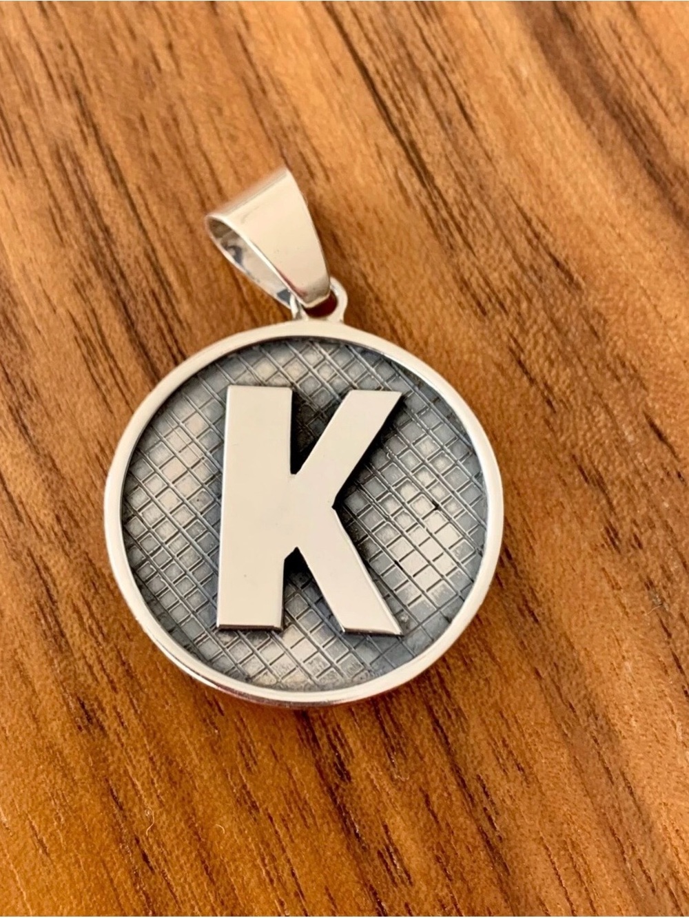Silver 950 Initial  K Round Pendant Necklace in Silver and Gray